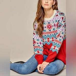 ANDREE BY UNIT Red and Blue Patterned Sweater
